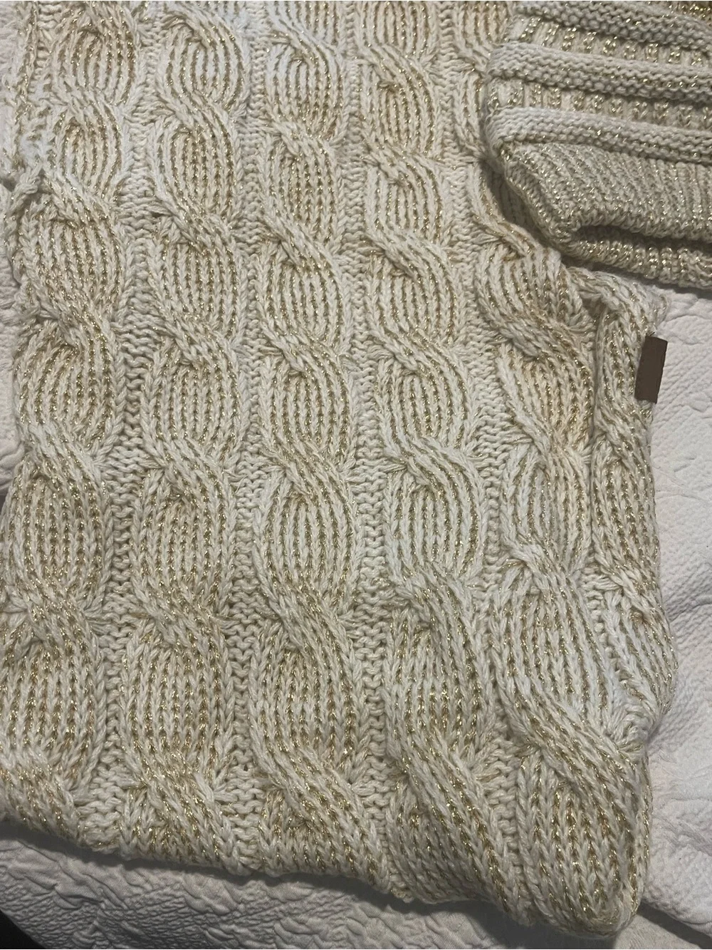 Sparkle Knit Beanie and Scarf Set - Cream with Gold Thread C.C Faux Fur Pom Pom